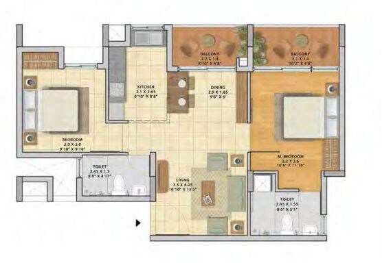 Floor plan of 2 BHK 1268 Sq. Ft. Apartment in Brigade Parkside North, Bangalore