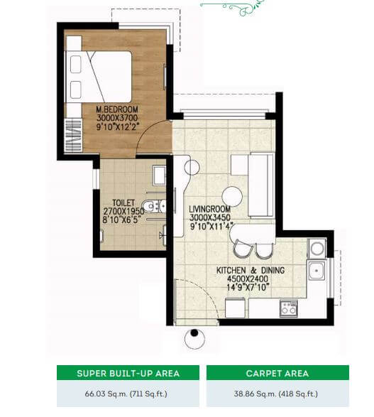 Floor plan of 1 BHK 711 Sq. Ft. Apartment in Brigade Parkside West, Bangalore