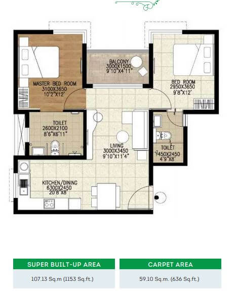 Floor plan of 2 BHK 1153 Sq. Ft. Apartment in Brigade Parkside West, Bangalore