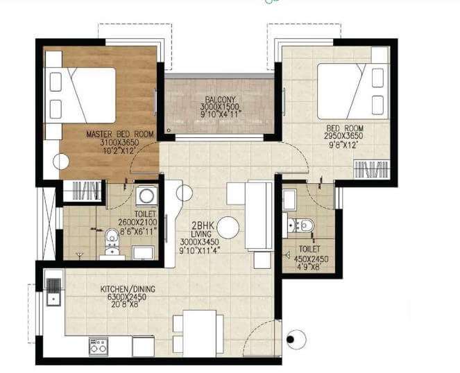 Floor plan of 2 BHK 1266 Sq. Ft. Apartment in Brigade Parkside West, Bangalore