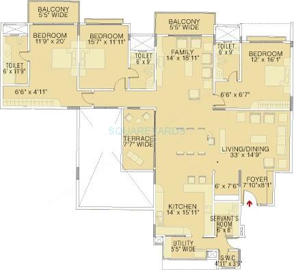 Floor plan of 3 BHK 3300 Sq. Ft. Apartment in Brigade Petunia, Bangalore