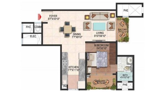Floor plan of 2 BHK 780 Sq. Ft. Apartment in Brigade Plumeria Lifestyle, Bangalore