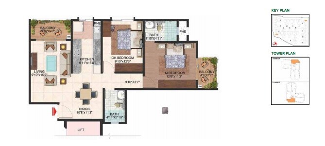Floor plan of 2 BHK 1110 Sq. Ft. Apartment in Brigade Plumeria Lifestyle, Bangalore
