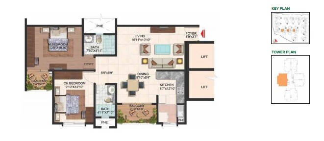 Floor plan of 2 BHK 1170 Sq. Ft. Apartment in Brigade Plumeria Lifestyle, Bangalore