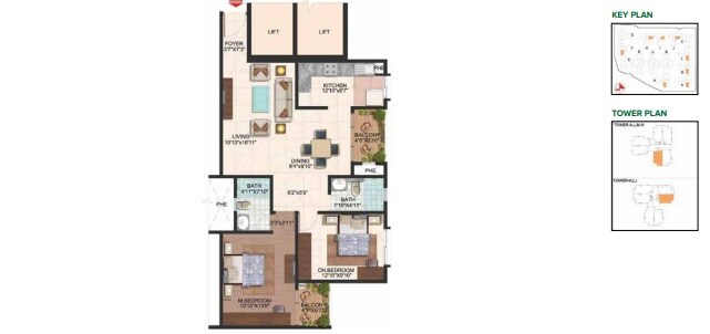 Floor plan of 2 BHK 1190 Sq. Ft. Apartment in Brigade Plumeria Lifestyle, Bangalore