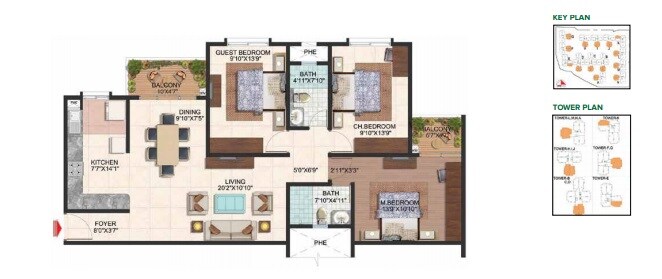 Floor plan of 3 BHK 1460 Sq. Ft. Apartment in Brigade Plumeria Lifestyle, Bangalore