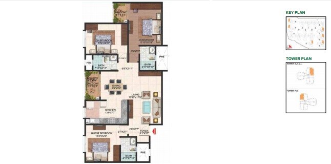Floor plan of 3 BHK 1510 Sq. Ft. Apartment in Brigade Plumeria Lifestyle, Bangalore