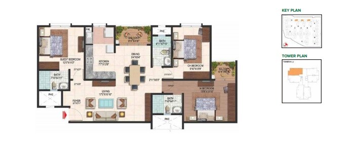 Floor plan of 3 BHK 1600 Sq. Ft. Apartment in Brigade Plumeria Lifestyle, Bangalore