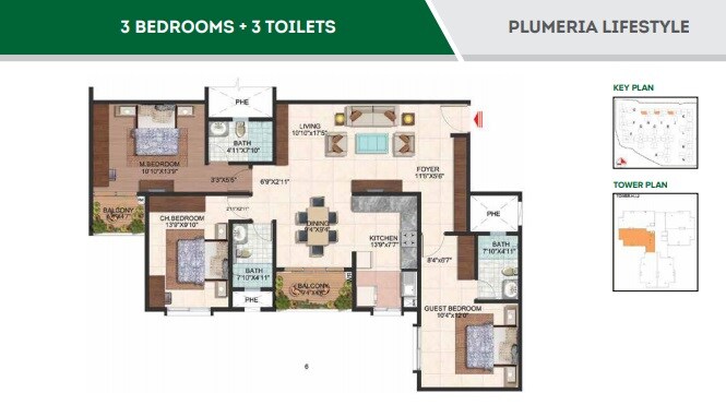 Floor plan of 3 BHK 1630 Sq. Ft. Apartment in Brigade Plumeria Lifestyle, Bangalore