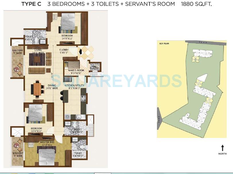 Floor plan of 3 BHK 1880 Sq. Ft. Apartment in Brigade Vintage, Bangalore