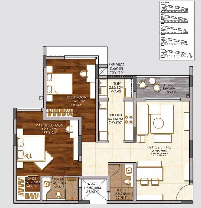Floor plan of 2 BHK 1397 Sq. Ft. Apartment in Brigade Woods, Bangalore