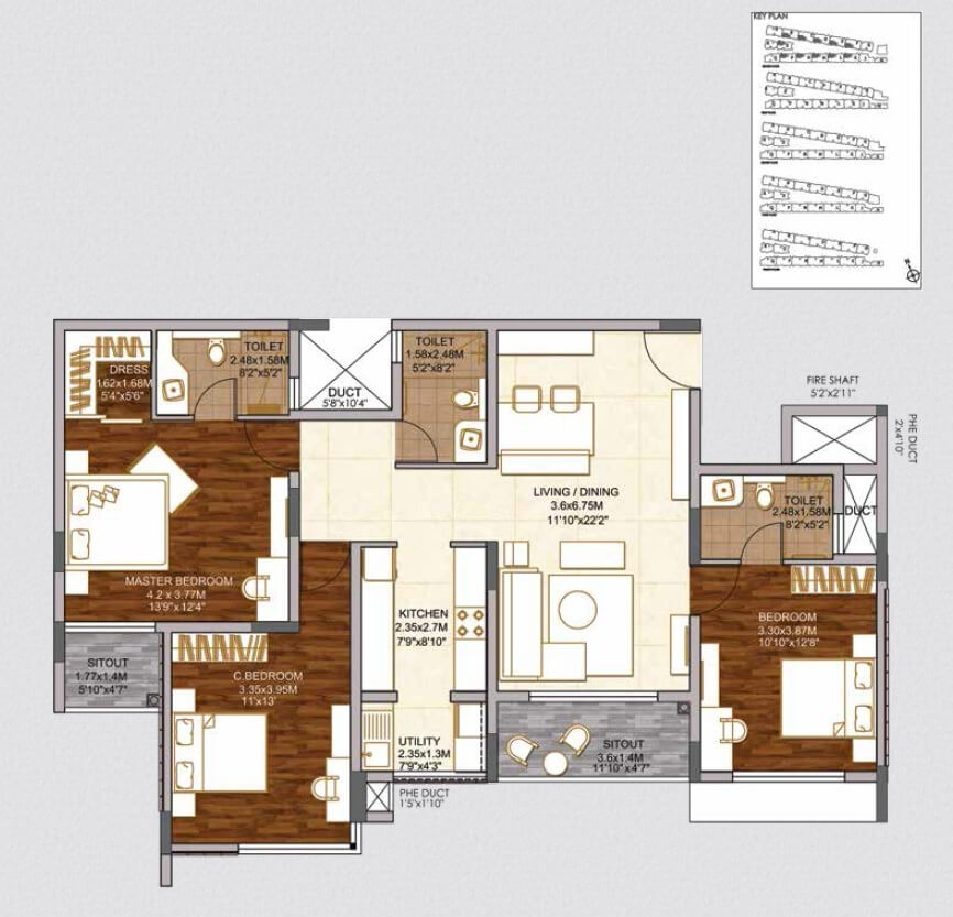 Floor plan of 3 BHK 1695 Sq. Ft. Apartment in Brigade Woods, Bangalore