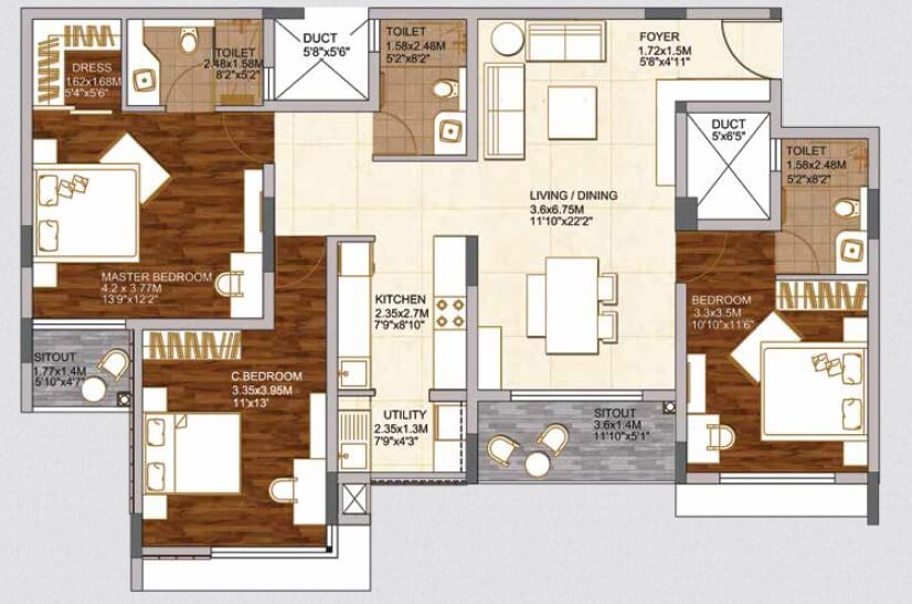 Floor plan of 3 BHK 1741 Sq. Ft. Apartment in Brigade Woods, Bangalore