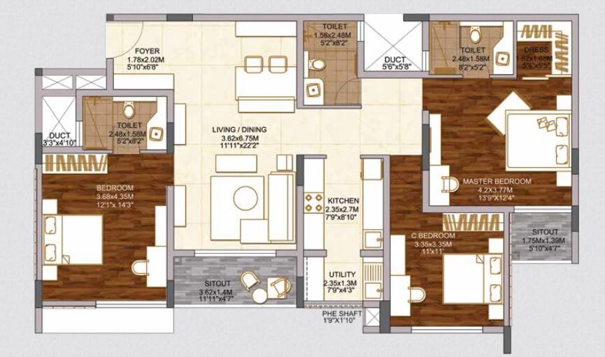Floor plan of 3 BHK 1768 Sq. Ft. Apartment in Brigade Woods, Bangalore