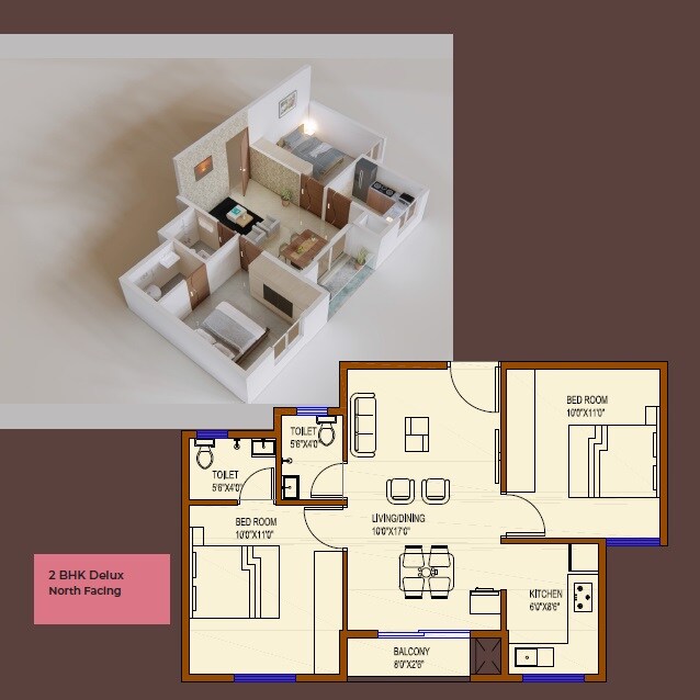 Floor plan of 2 BHK 675 Sq. Ft. Apartment in Bright Tulip, Bangalore