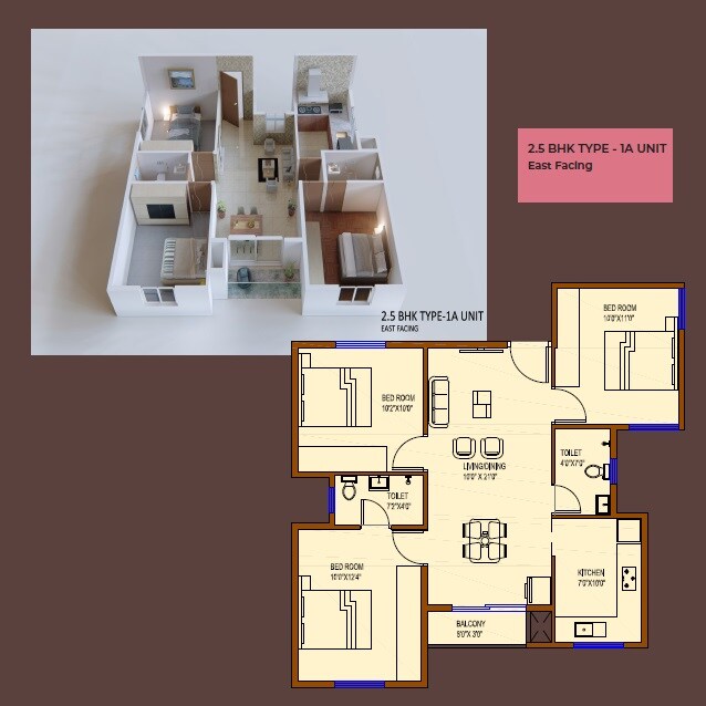 Floor plan of 2 BHK 980 Sq. Ft. Apartment in Bright Tulip, Bangalore