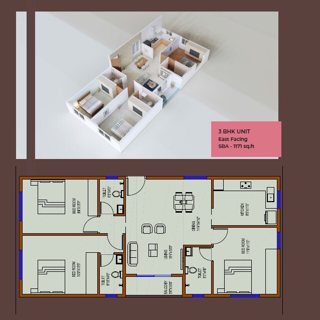 Floor plan of 3 BHK 1171 Sq. Ft. Apartment in Bright Tulip, Bangalore