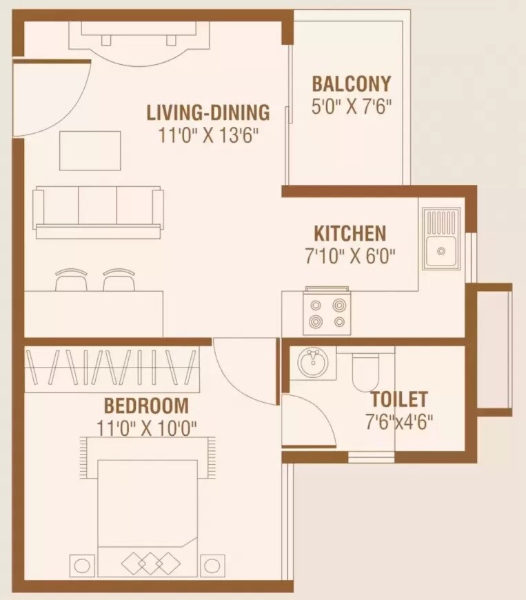 Floor plan of 1 BHK 528 Sq. Ft. Apartment in BRR Classic, Bangalore