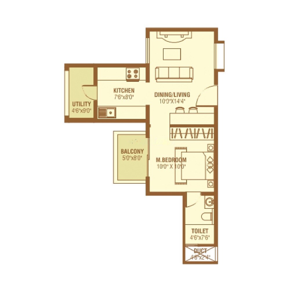 Floor plan of 1 BHK 597 Sq. Ft. Apartment in BRR Classic, Bangalore