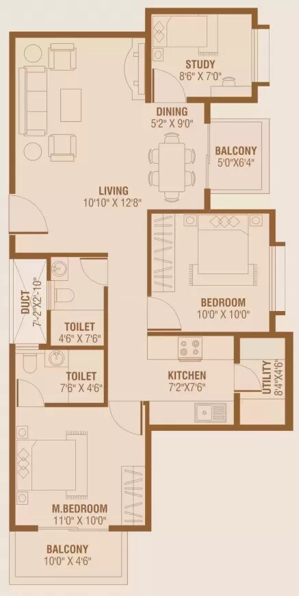 Floor plan of 2 BHK 1105 Sq. Ft. Apartment in BRR Classic, Bangalore