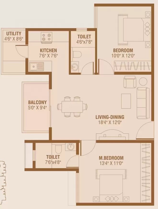 Floor plan of 2 BHK 979 Sq. Ft. Apartment in BRR Classic, Bangalore