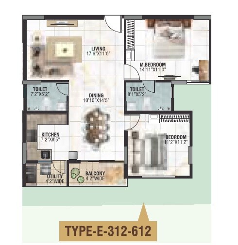 Floor plan of 2 BHK 1230 Sq. Ft. Apartment in BRR North Excellency, Bangalore