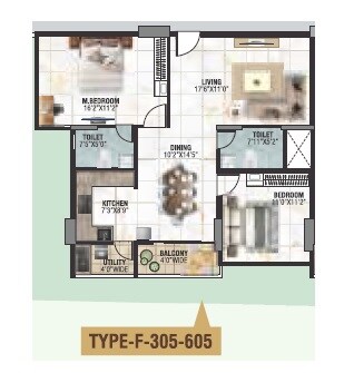 Floor plan of 2 BHK 1259 Sq. Ft. Apartment in BRR North Excellency, Bangalore