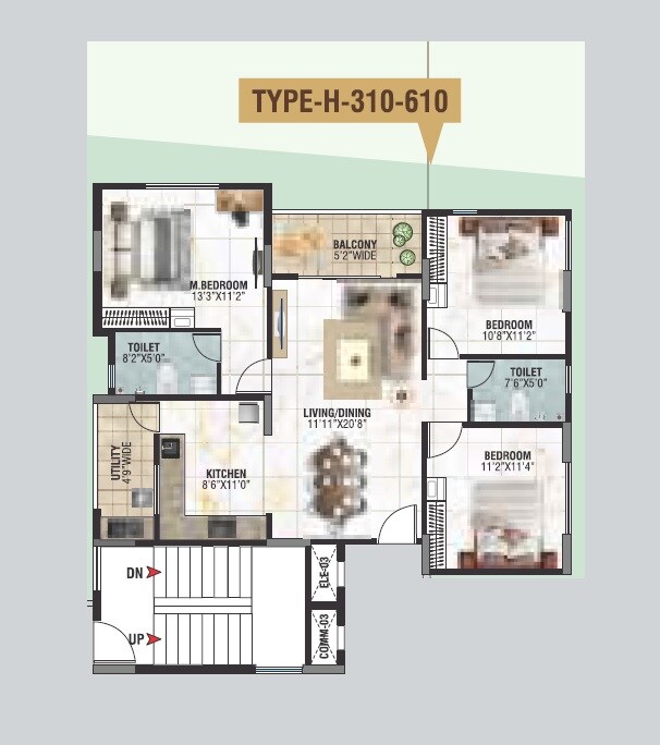 Floor plan of 3 BHK 1426 Sq. Ft. Apartment in BRR North Excellency, Bangalore