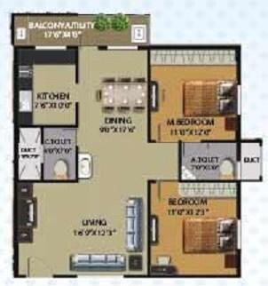 Floor plan of 2 BHK 1160 Sq. Ft. Apartment in Brundavan Gardenia, Bangalore