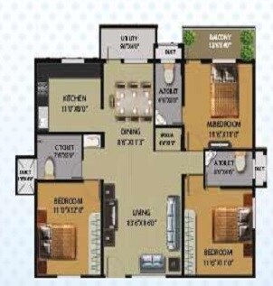 Floor plan of 3 BHK 1420 Sq. Ft. Apartment in Brundavan Gardenia, Bangalore