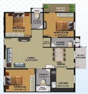 Floor plan of 3 BHK 1485 Sq. Ft. Apartment in Brundavan Gardenia, Bangalore