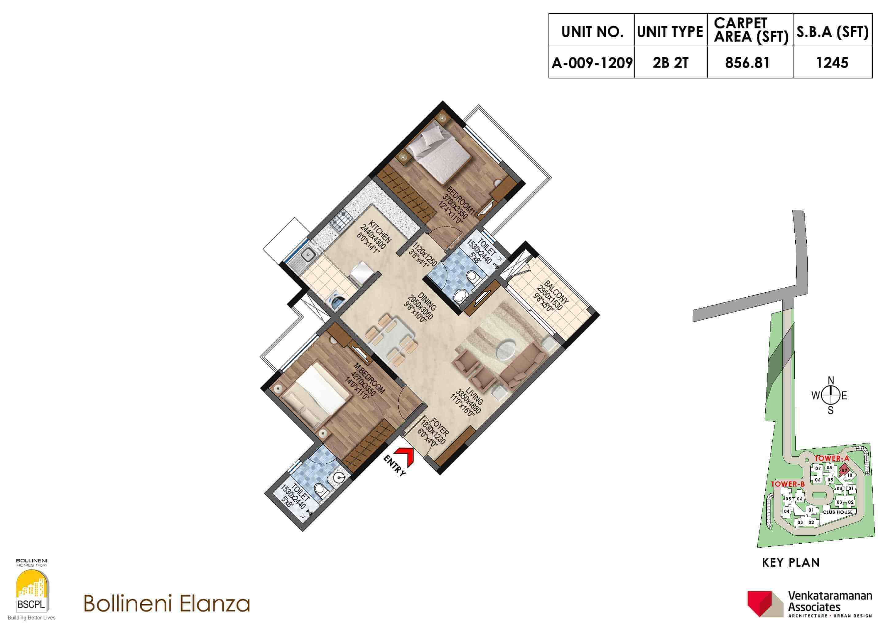 Floor plan of 2 BHK 1245 Sq. Ft. Apartment in BSCPL Bollineni Elanza, Bangalore
