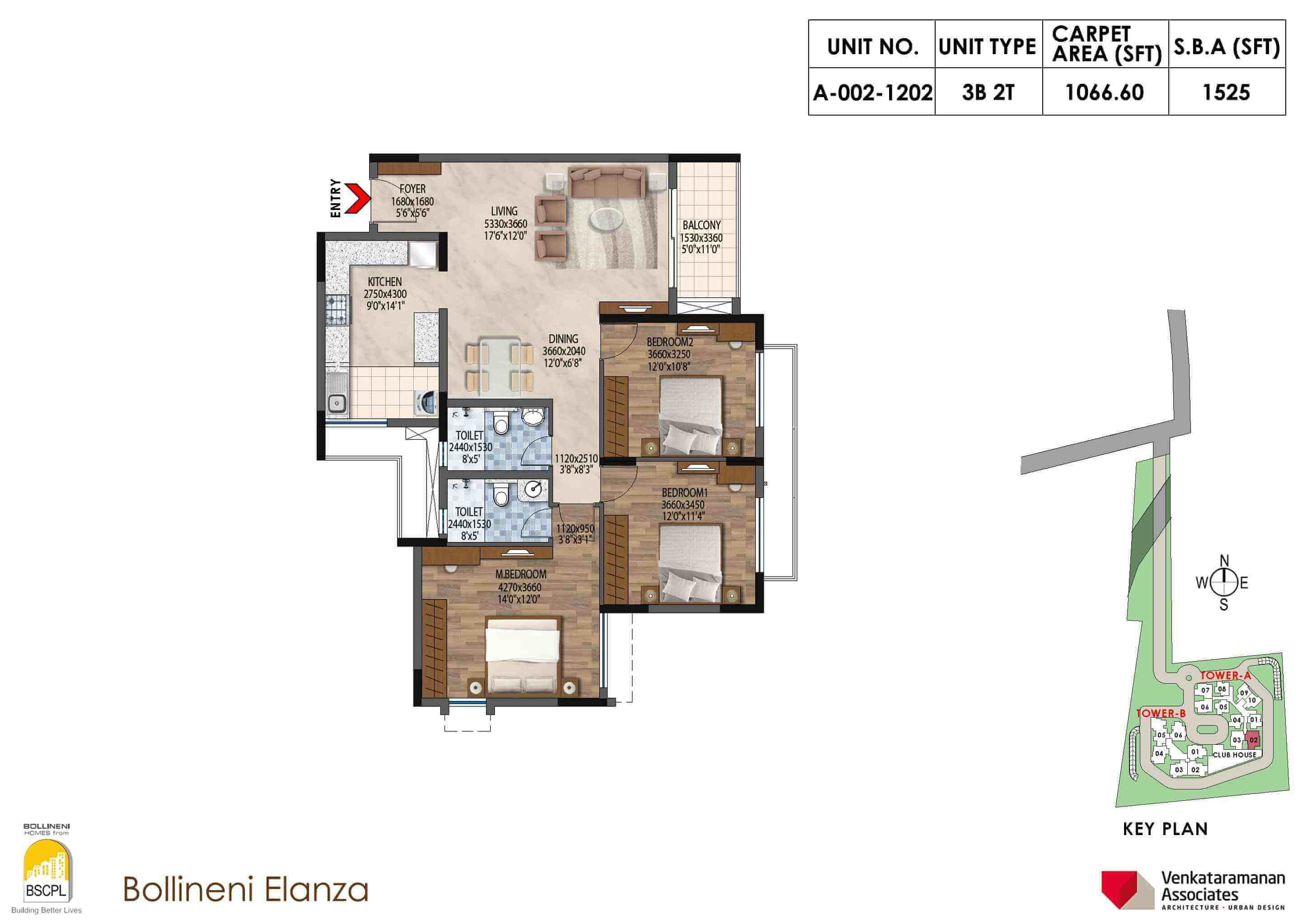 Floor plan of 3 BHK 1525 Sq. Ft. Apartment in BSCPL Bollineni Elanza, Bangalore