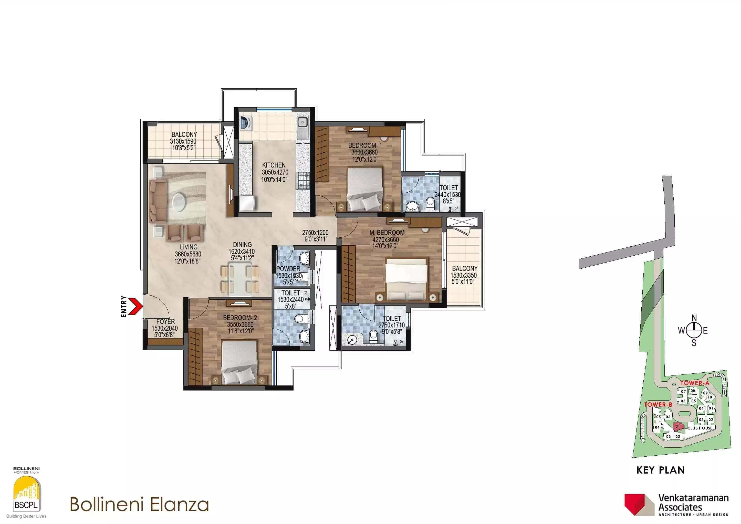 Floor plan of 3 BHK 1780 Sq. Ft. Apartment in BSCPL Bollineni Elanza, Bangalore