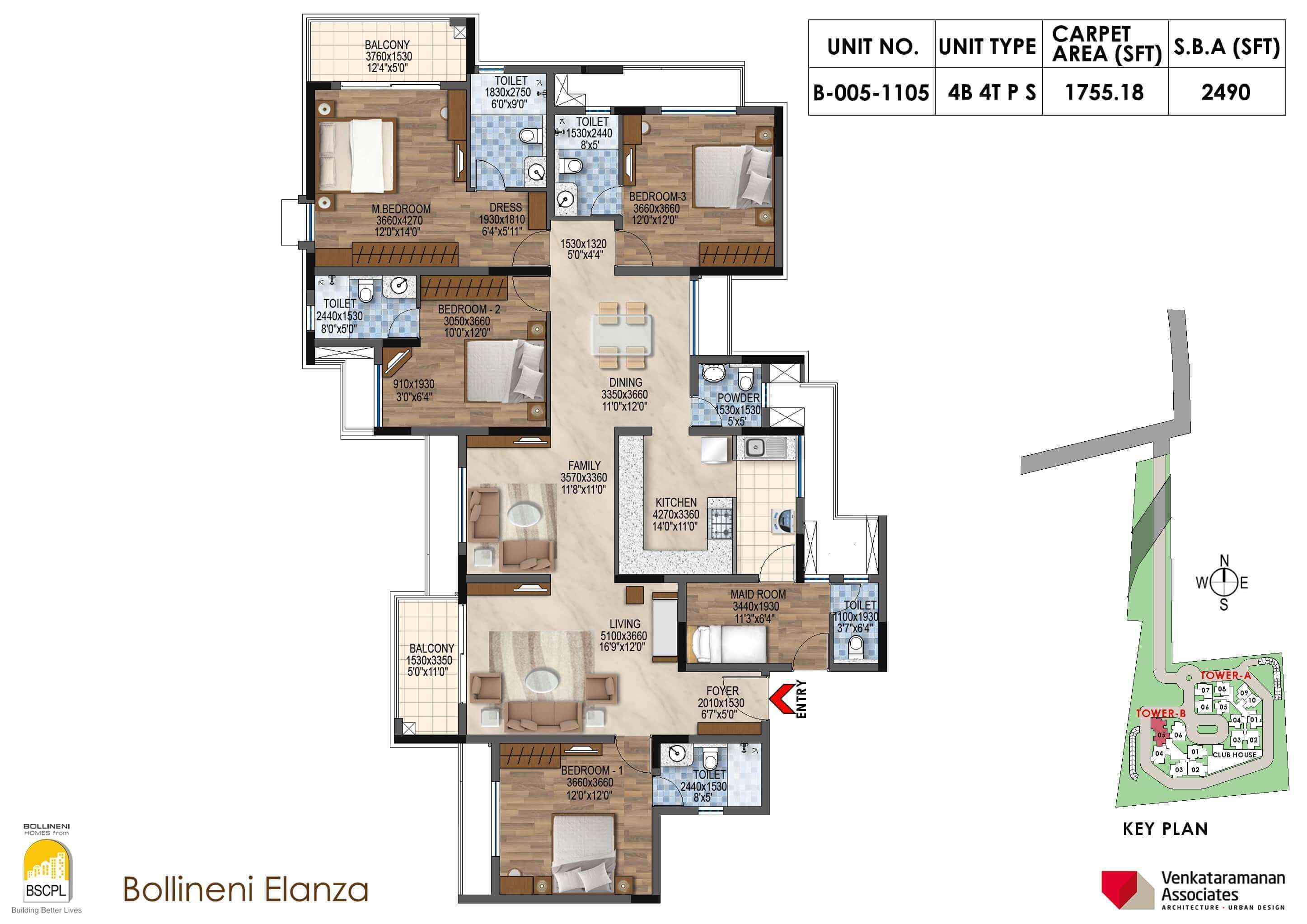Floor plan of 4 BHK 2490 Sq. Ft. Apartment in BSCPL Bollineni Elanza, Bangalore
