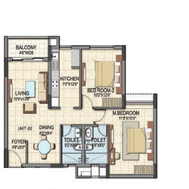 Floor plan of 2 BHK 1070 Sq. Ft. Apartment in BSCPL Bollineni Silas, Bangalore