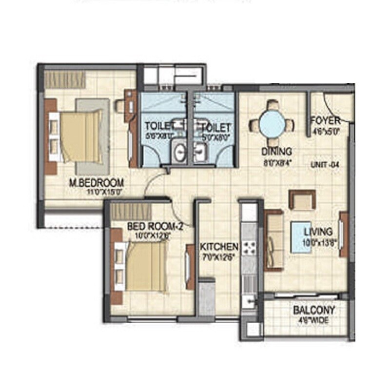 Floor plan of 2 BHK 1085 Sq. Ft. Apartment in BSCPL Bollineni Silas, Bangalore