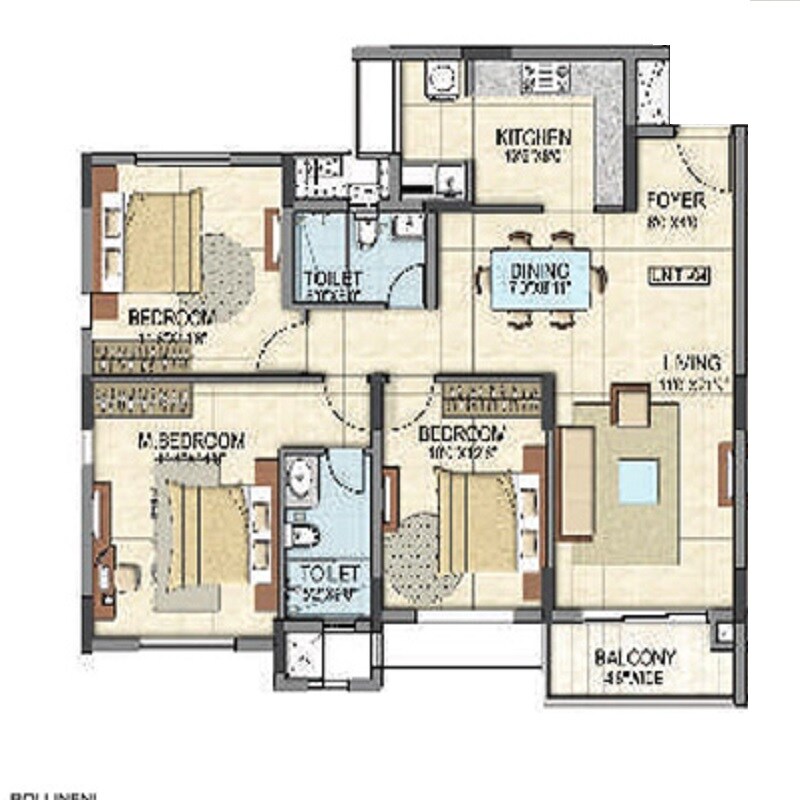 Floor plan of 3 BHK 1390 Sq. Ft. Apartment in BSCPL Bollineni Silas, Bangalore