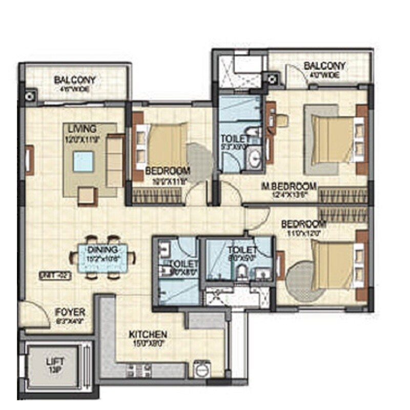 Floor plan of 3 BHK 1600 Sq. Ft. Apartment in BSCPL Bollineni Silas, Bangalore