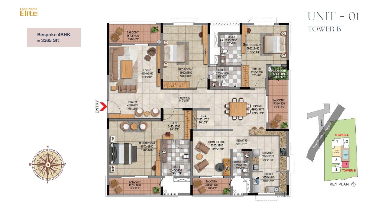 Floor plan of 4 BHK 3365 Sq. Ft. Apartment in BSCPL Bollineni Vienna, Bangalore