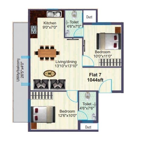 Floor plan of 2 BHK 1044 Sq. Ft. Apartment in BSR Sai Gardens, Bangalore
