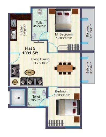 Floor plan of 2 BHK 1091 Sq. Ft. Apartment in BSR Sai Gardens, Bangalore
