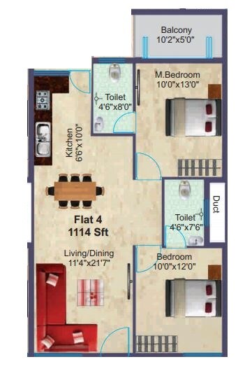 Floor plan of 2 BHK 1114 Sq. Ft. Apartment in BSR Sai Gardens, Bangalore