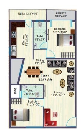 Floor plan of 2 BHK 1257 Sq. Ft. Apartment in BSR Sai Gardens, Bangalore