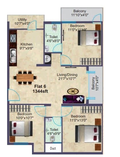 Floor plan of 3 BHK 1344 Sq. Ft. Apartment in BSR Sai Gardens, Bangalore