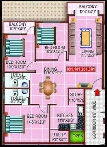 Floor plan of 2 BHK 1150 Sq. Ft. Apartment in BSR Sai Palace, Bangalore