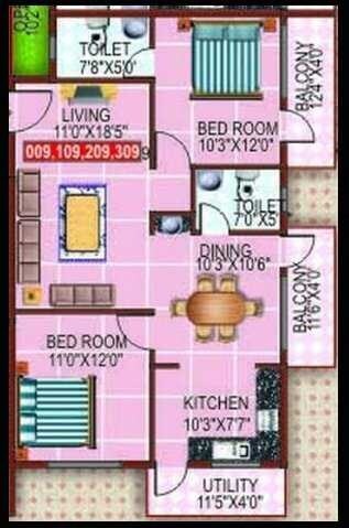 Floor plan of 3 BHK 1750 Sq. Ft. Apartment in BSR Sai Palace, Bangalore