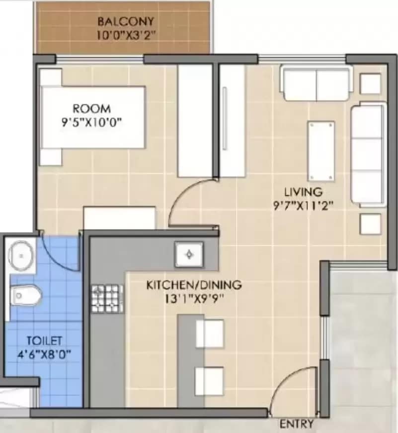 Floor plan of 1 BHK 526 Sq. Ft. Apartment in BSR Zest, Bangalore