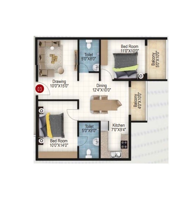 2 BHK 1061 Sq. Ft. Apartment