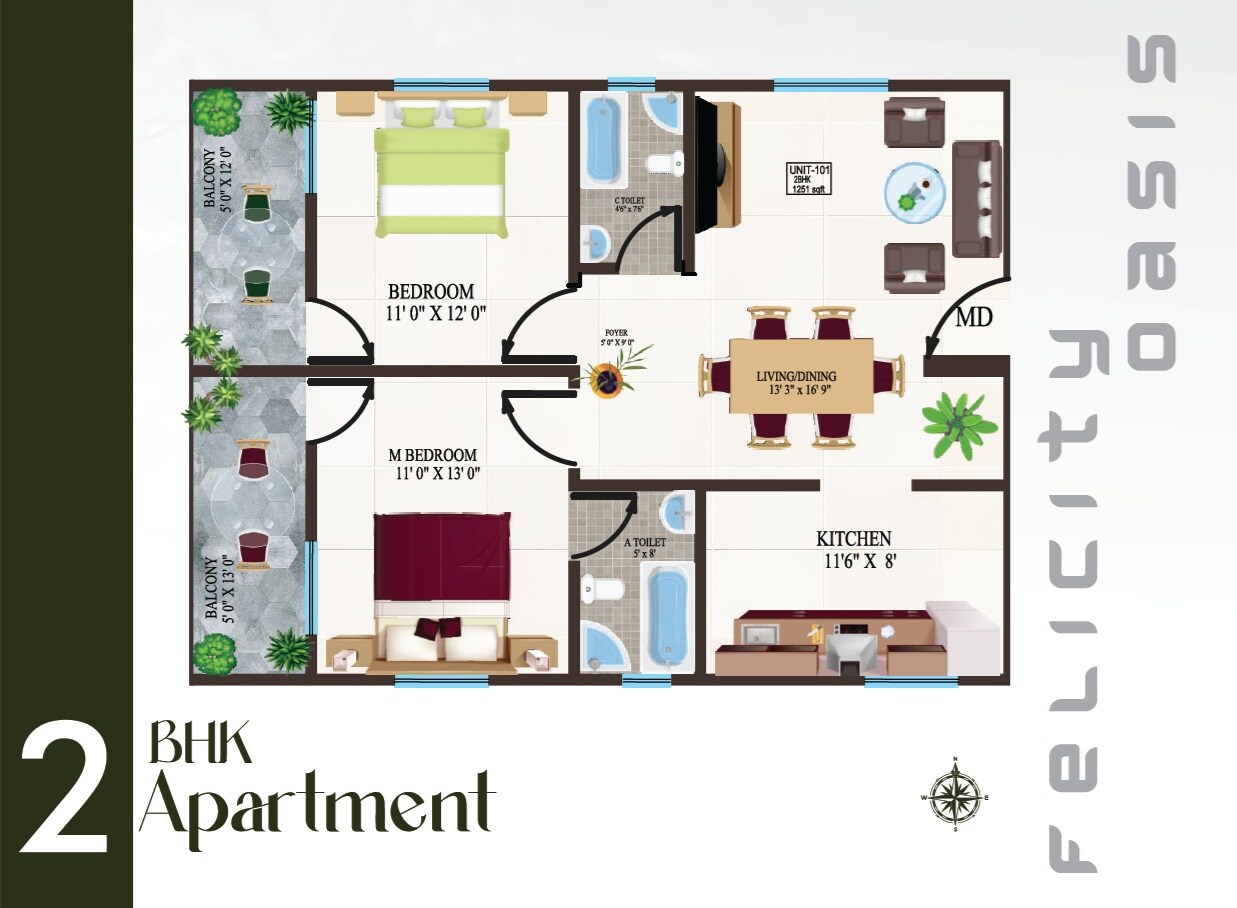 Floor plan of 2 BHK 1251 Sq. Ft. Apartment in Build Felicity Oasis, Bangalore